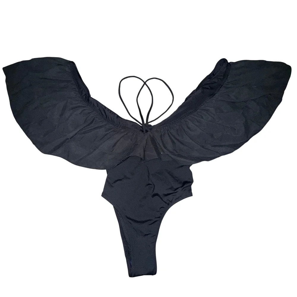 NWT. ZARA Black Ruffle One Piece‎ Deep V Neck Swimsuit Small - Picture 2 of 6